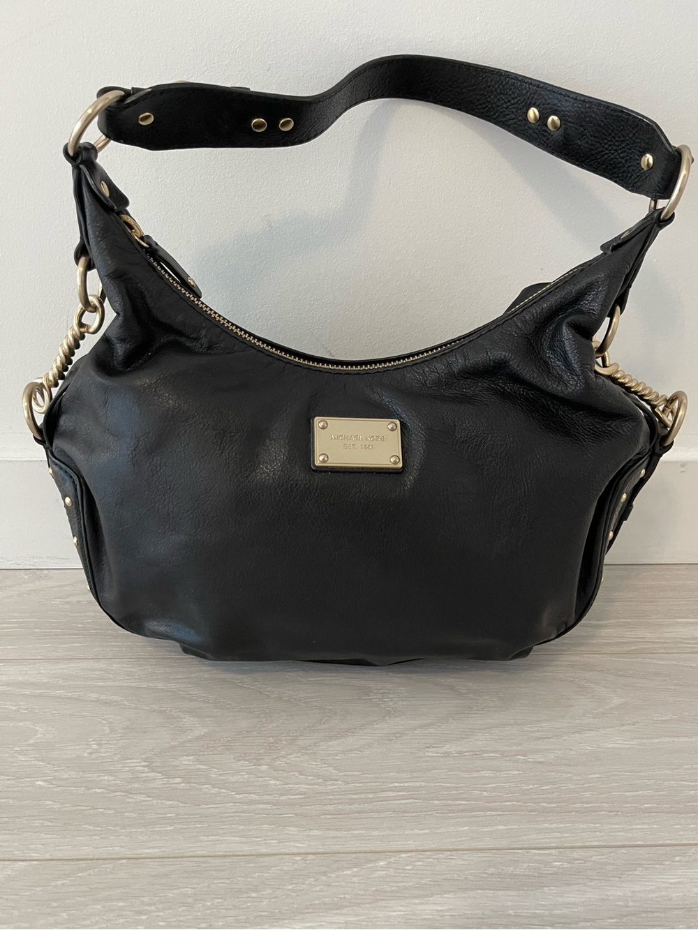 Michael Kors Black Leather Hobo Shoulder Bag with Gold Hardware and Studs